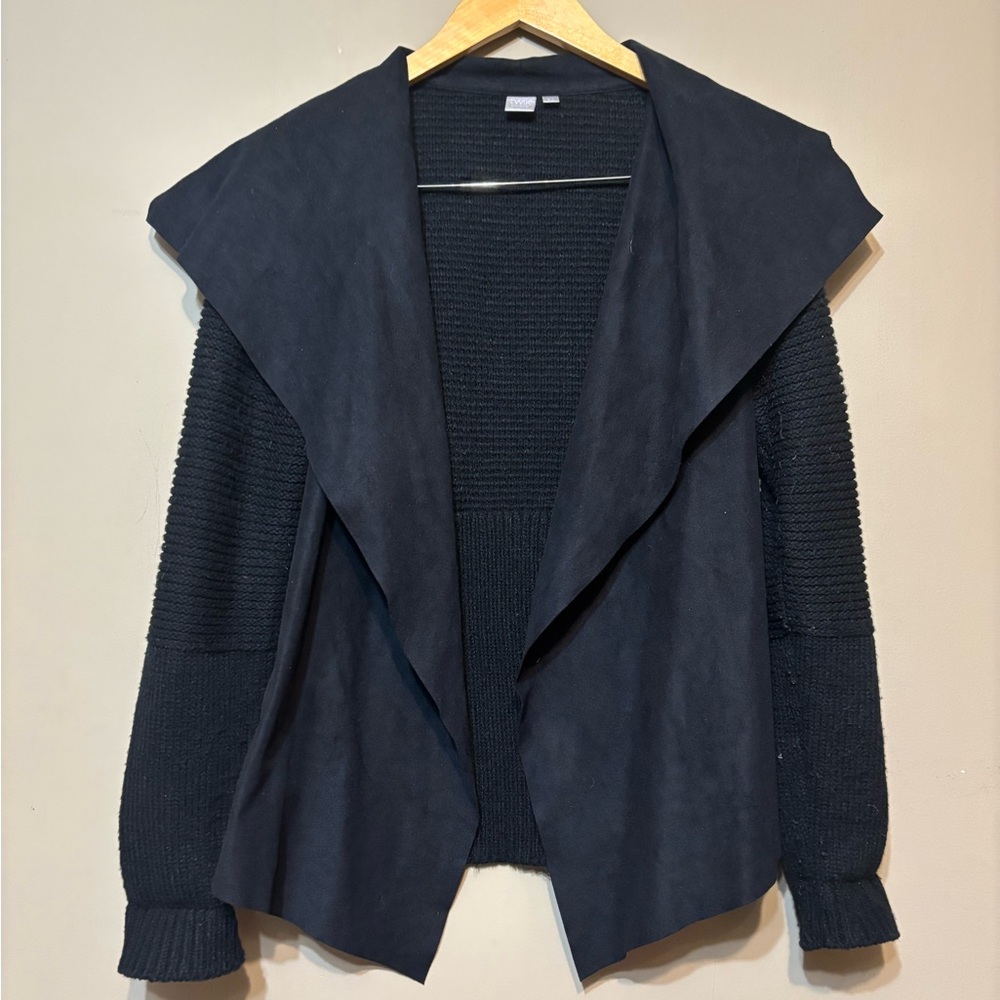 TWIK Faux Suede Knit Open Front Ribbed Cardigan